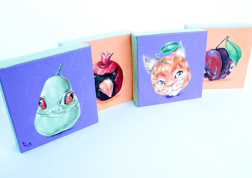 Fruit and Fauna - Set of 4 Canvas - Original Acrylic Painting