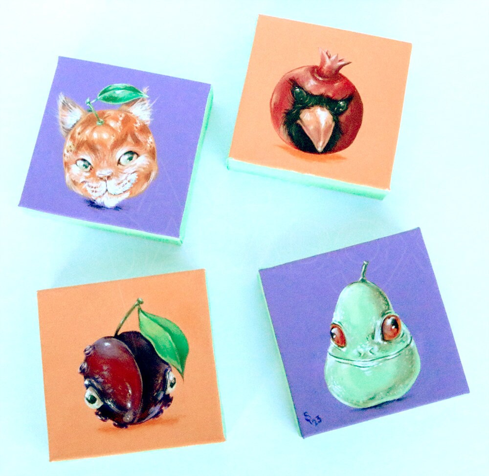 Fruit and Fauna - Set of 4 Canvas - Original Acrylic Painting